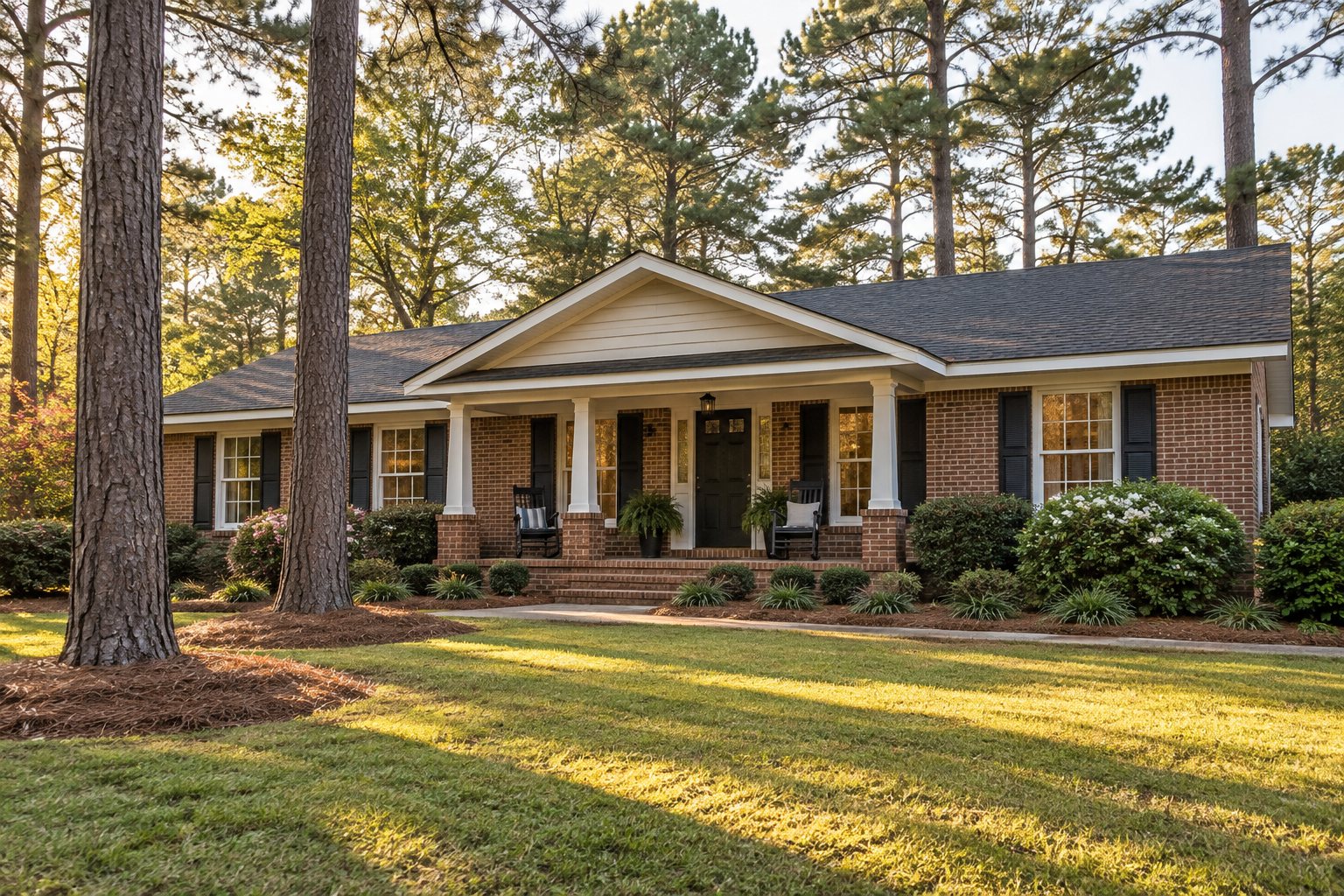 A brick ranch home with a front porch under tall pines, illustrative