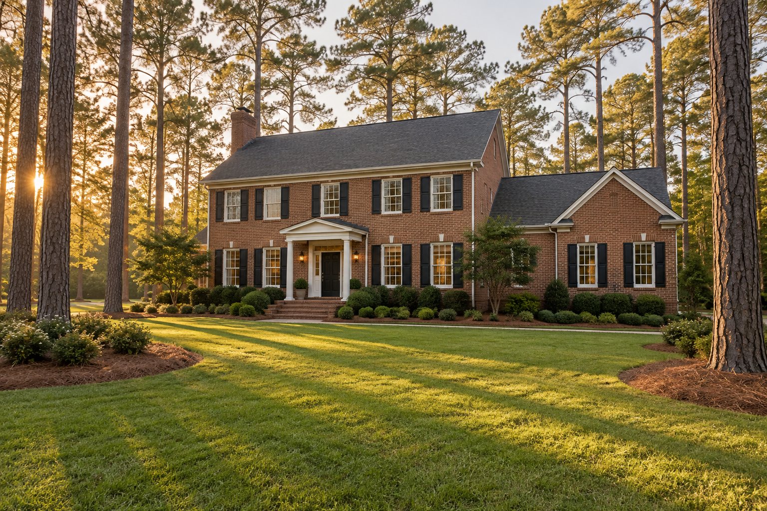 A brick colonial home among tall pines in the North Carolina Sandhills, illustrative