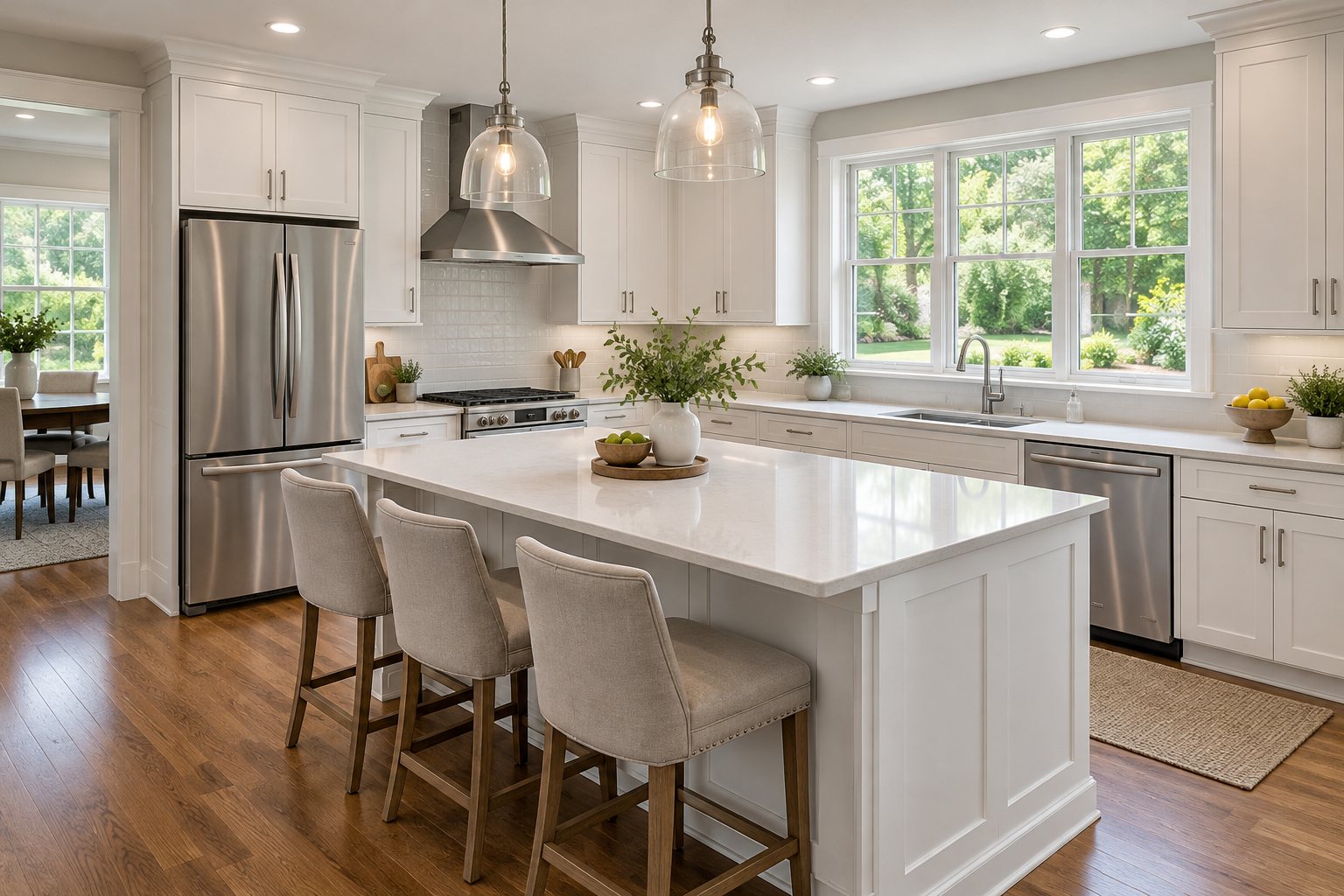 An updated kitchen in a North Carolina family home, illustrative