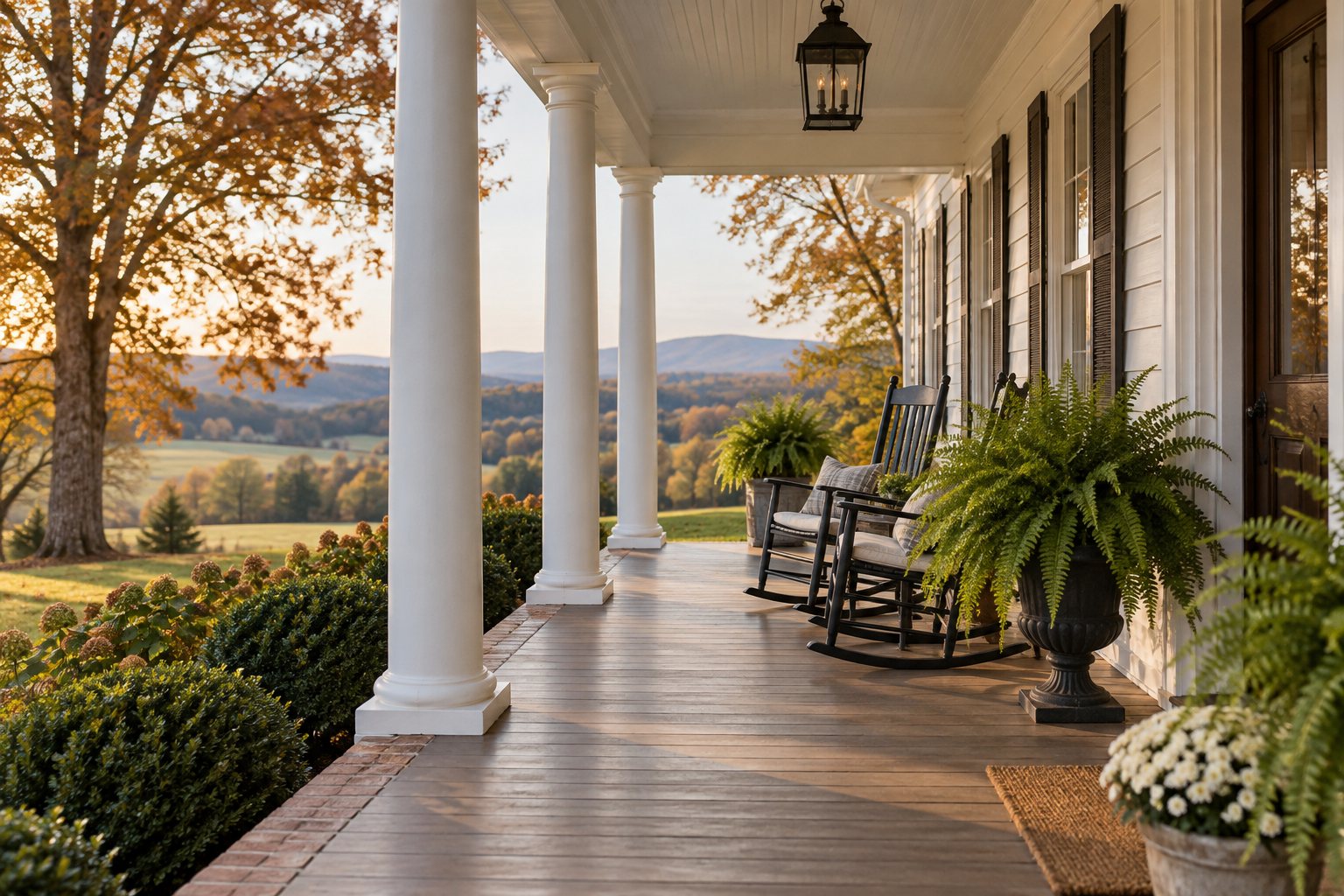 A southern farmhouse front porch with rocking chairs, illustrative